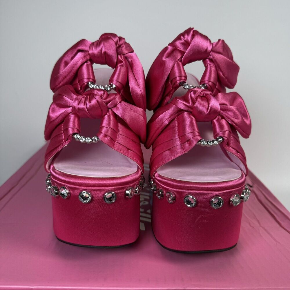 Sugar Thrillz Strike a Pose Diamante Bow Mule‎ Heels Pink Satin Platform Size 10 - Picture 2 of 12